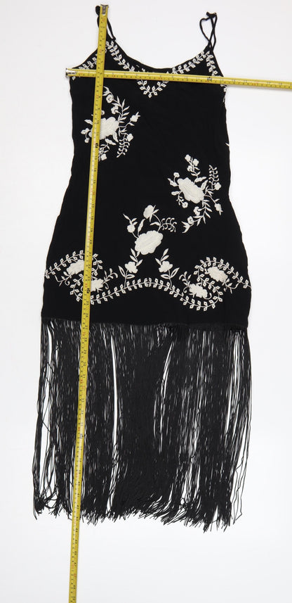 Nasty Gal Women Black UK 8 Floral Embroidered Fringe Slip Dress