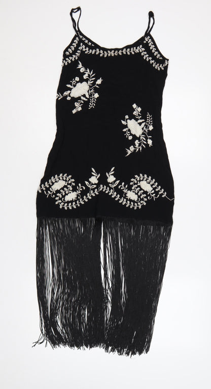 Nasty Gal Women Black UK 8 Floral Embroidered Fringe Slip Dress