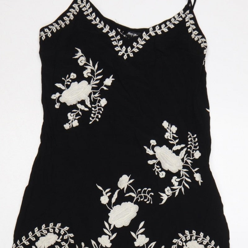 Nasty Gal Women Black UK 8 Floral Embroidered Fringe Slip Dress