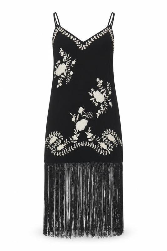 Nasty Gal Women Black UK 8 Floral Embroidered Fringe Slip Dress