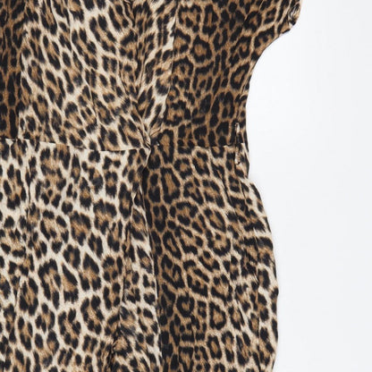 Zara Woman Women's Brown Leopard Print V-Neck Tapered Jumpsuit S