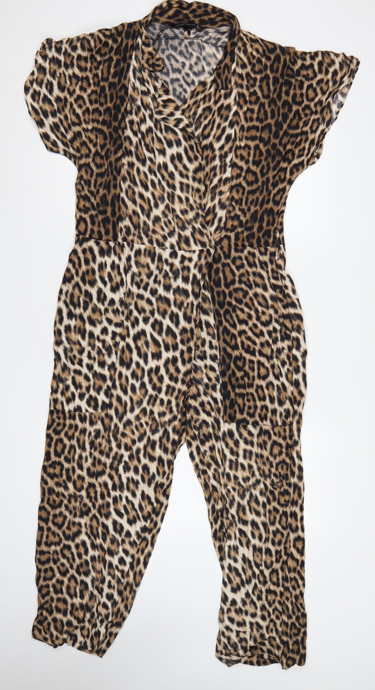 Zara Woman Women's Brown Leopard Print V-Neck Tapered Jumpsuit S