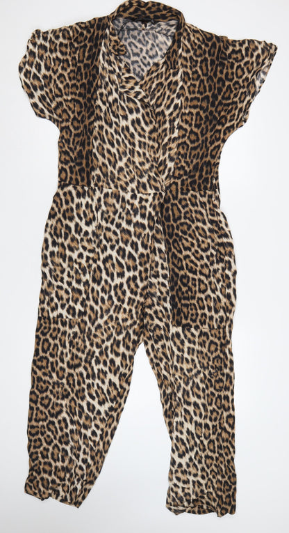 Zara Woman Women's Brown Leopard Print V-Neck Tapered Jumpsuit S