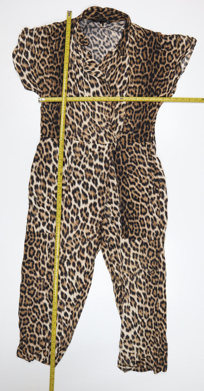 Zara Woman Women's Brown Leopard Print V-Neck Tapered Jumpsuit S