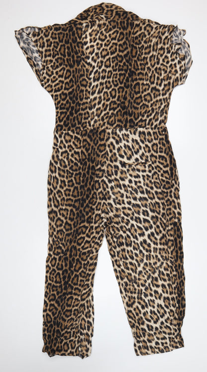 Zara Woman Women's Brown Leopard Print V-Neck Tapered Jumpsuit S