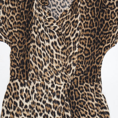 Zara Woman Women's Brown Leopard Print V-Neck Tapered Jumpsuit S