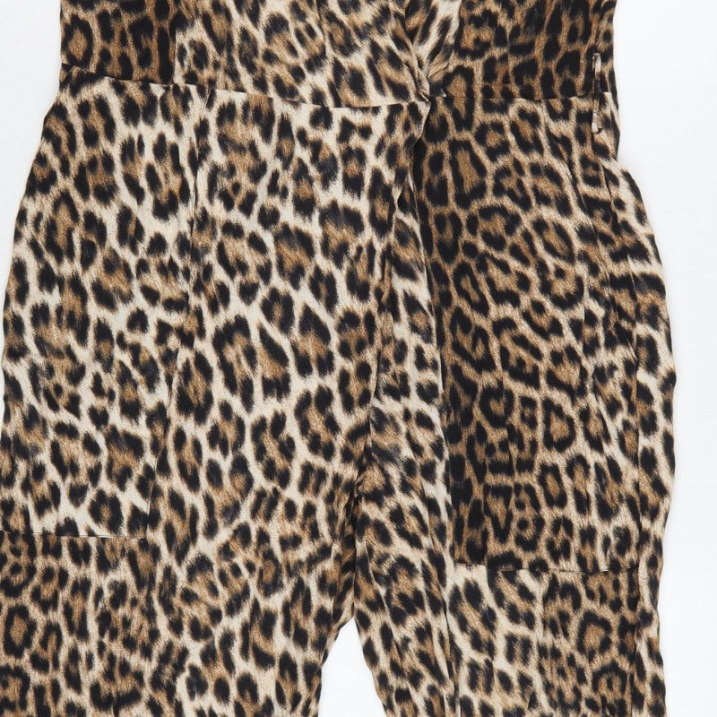 Zara Woman Women's Brown Leopard Print V-Neck Tapered Jumpsuit S
