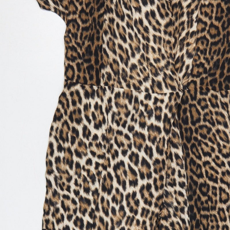 Zara Woman Women's Brown Leopard Print V-Neck Tapered Jumpsuit S