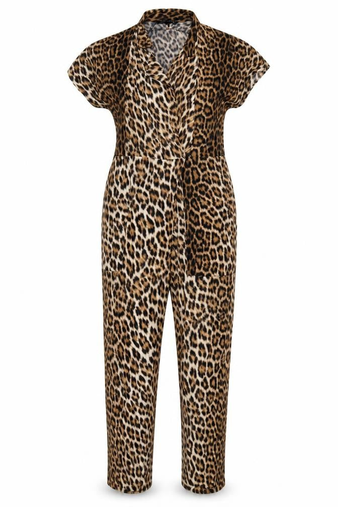 Zara Woman Women's Brown Leopard Print V-Neck Tapered Jumpsuit S