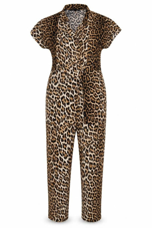 Zara Woman Women's Brown Leopard Print V-Neck Tapered Jumpsuit S