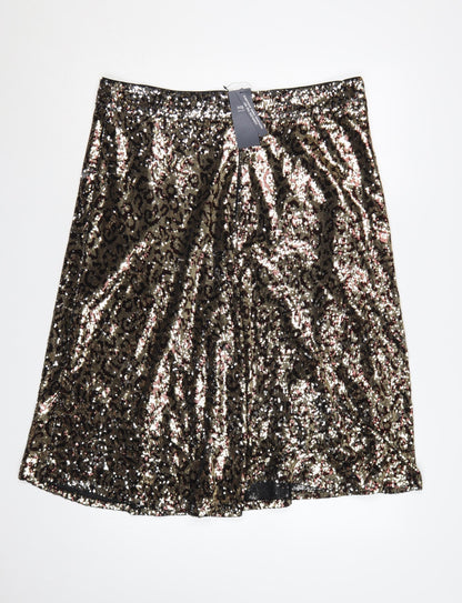 M&S Women Gold Sequin Leopard Print A-Line Midi Skirt Size 18