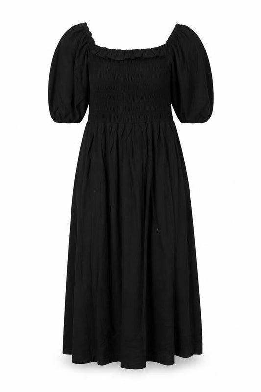 Next Women Black UK 14 Maxi Smocked Puff Sleeve Dress
