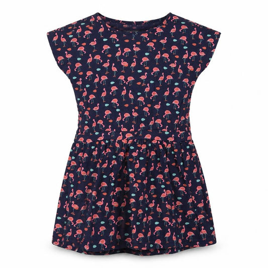 Front view of Mountain Warehouse girls’ blue pink flamingo skater dress age 13