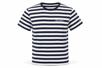 Champion Men's Navy White Striped Small Crew Neck Logo T-Shirt