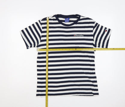 Champion Men's Navy White Striped Small Crew Neck Logo T-Shirt