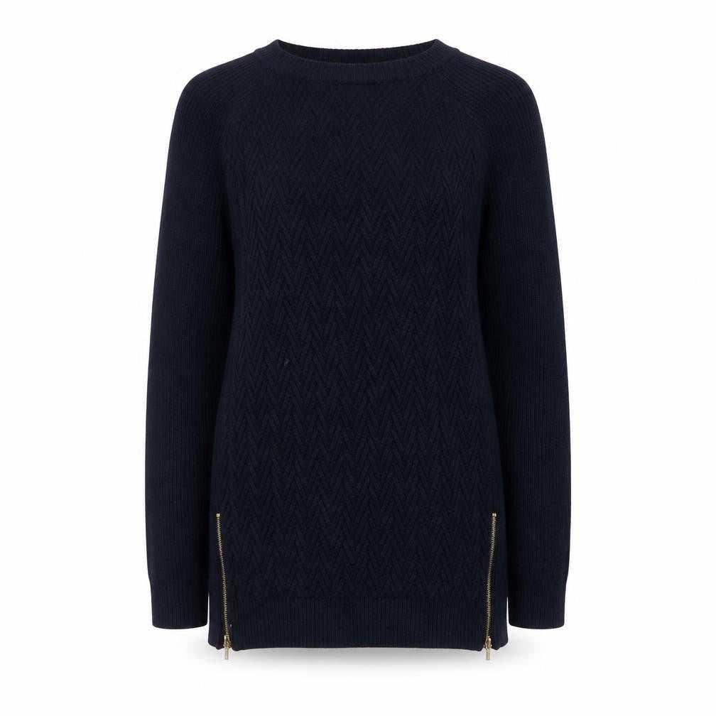 Front view of Dorothy Perkins Women Navy UK 12 Cable Knit Tunic Jumper Zip