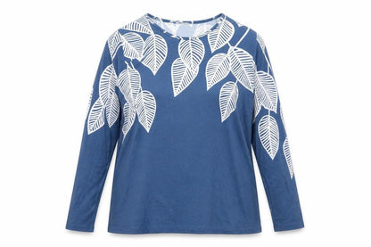 Bonmarché Women Blue Leaf Print Long Sleeve Jersey Blouse UK 14