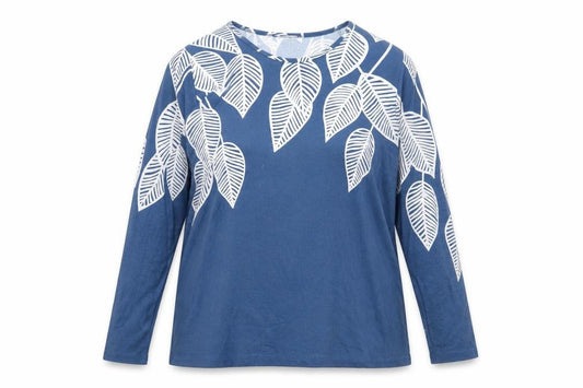 Bonmarché Women Blue Leaf Print Long Sleeve Jersey Blouse UK 14