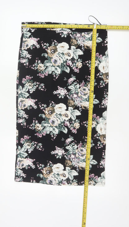 New Look Women Black Floral UK 12 Midi Pencil Stretch Skirt