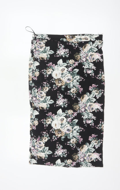 New Look Women Black Floral UK 12 Midi Pencil Stretch Skirt