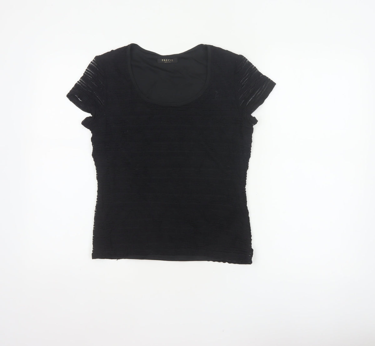 Precis Petite Women Black S Fitted Sheer Knit Scoop Neck Top
