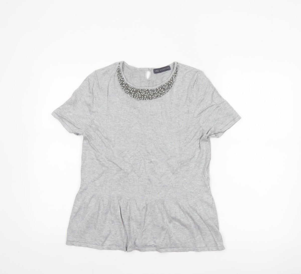 Marks & Spencer Women Grey UK 14 Beaded Knit Short Sleeve Peplum Top