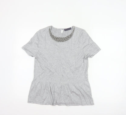 Marks & Spencer Women Grey UK 14 Beaded Knit Short Sleeve Peplum Top
