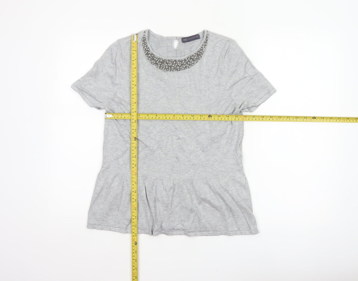 Marks & Spencer Women Grey UK 14 Beaded Knit Short Sleeve Peplum Top