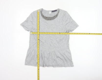 Marks & Spencer Women Grey UK 14 Beaded Knit Short Sleeve Peplum Top