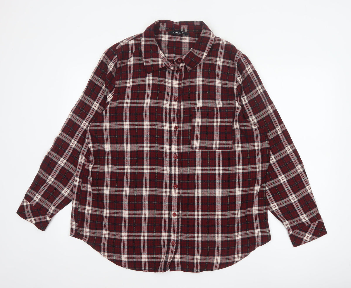 Peacocks Women Red Plaid Button-Up Shirt UK 18 Long Sleeve Metallic