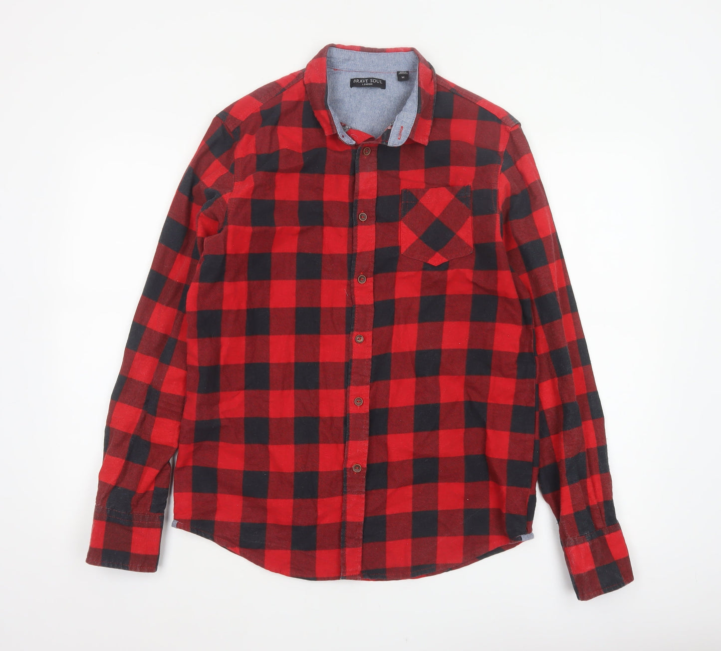 Brave Soul Men’s Red Black Check Cotton Button-Up Shirt Size M