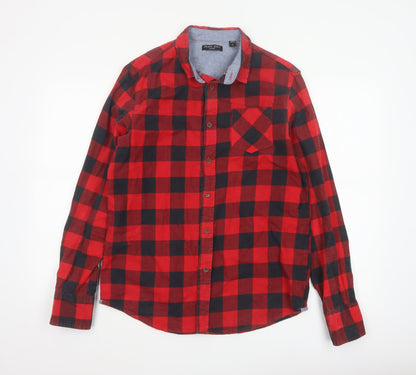 Brave Soul Men’s Red Black Check Cotton Button-Up Shirt Size M