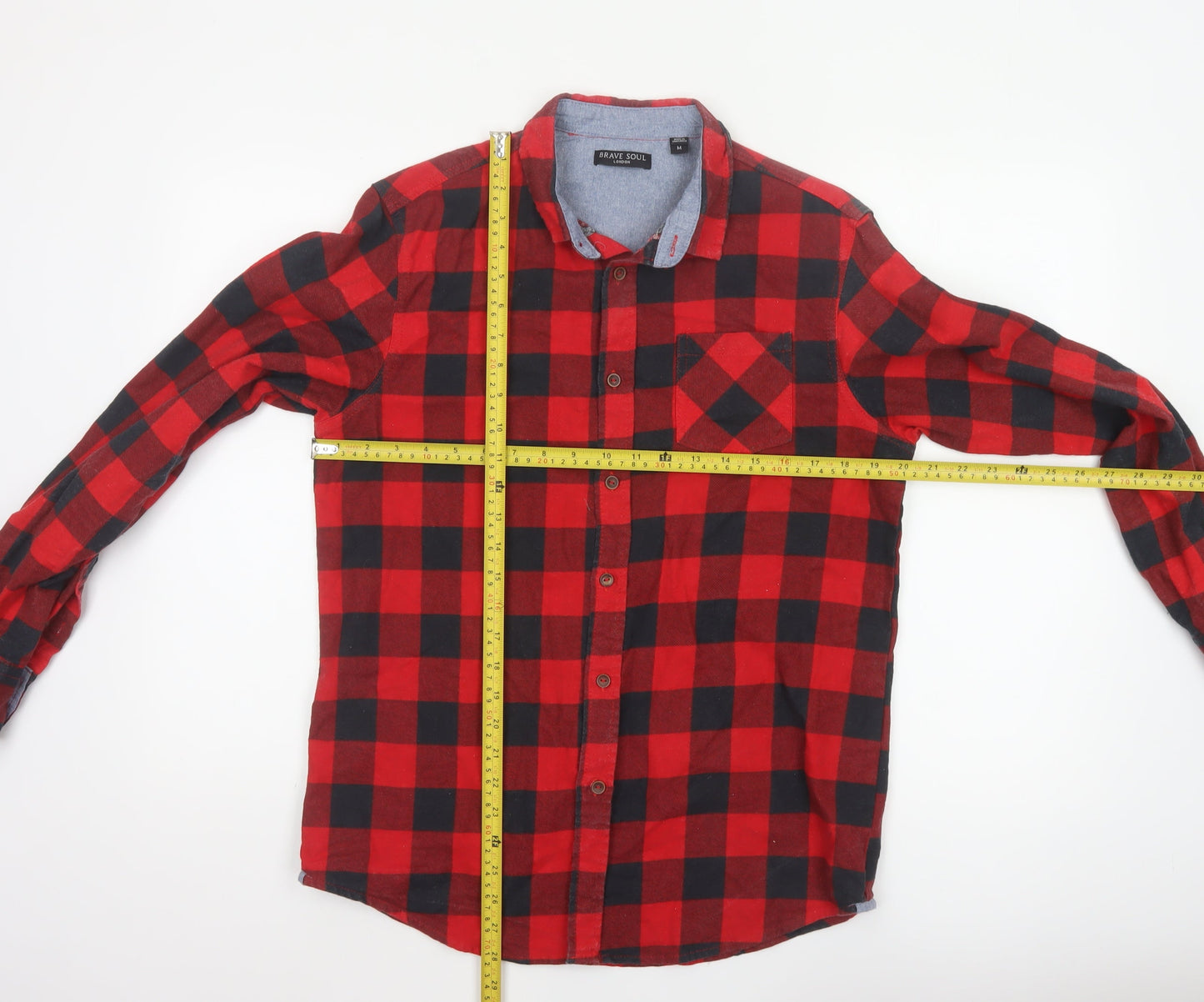 Brave Soul Men’s Red Black Check Cotton Button-Up Shirt Size M