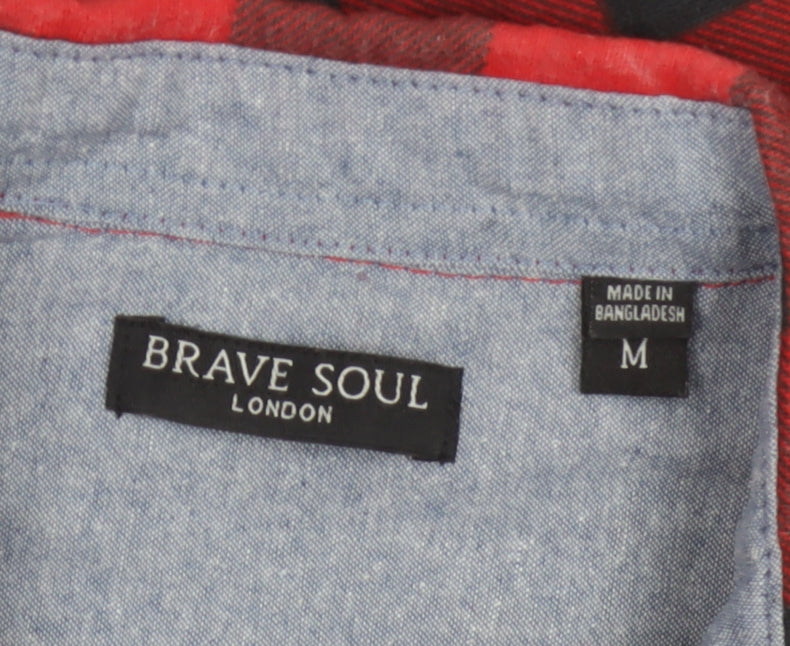 Brave Soul Men’s Red Black Check Cotton Button-Up Shirt Size M