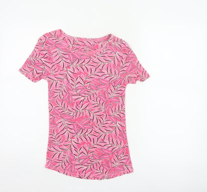 Marks & Spencer Women Pink UK 6 Floral Leaf Cotton T-Shirt