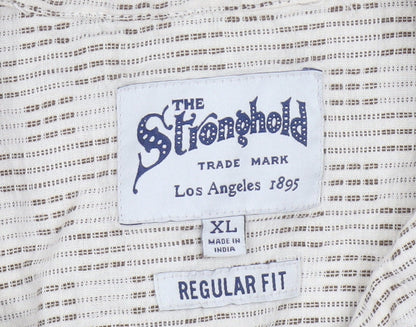 The Stronghold Men’s Beige XL Regular Fit Cotton Linen Stripe Shirt