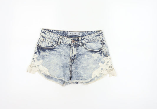 New Look Women Blue Acid Wash Lace Denim Hot Pants Shorts UK 8