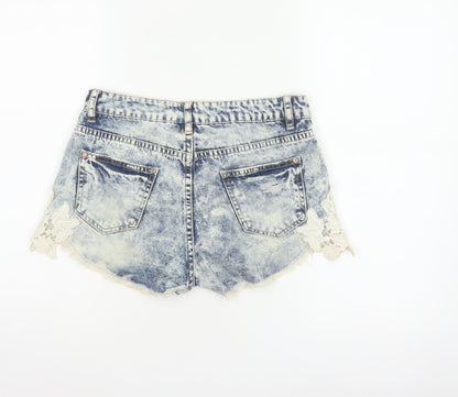 New Look Women Blue Acid Wash Lace Denim Hot Pants Shorts UK 8