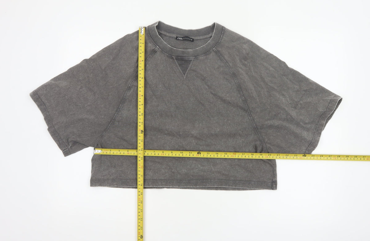 Zara Women Grey UK 8 Cropped Cotton Raglan Sleeve T-Shirt