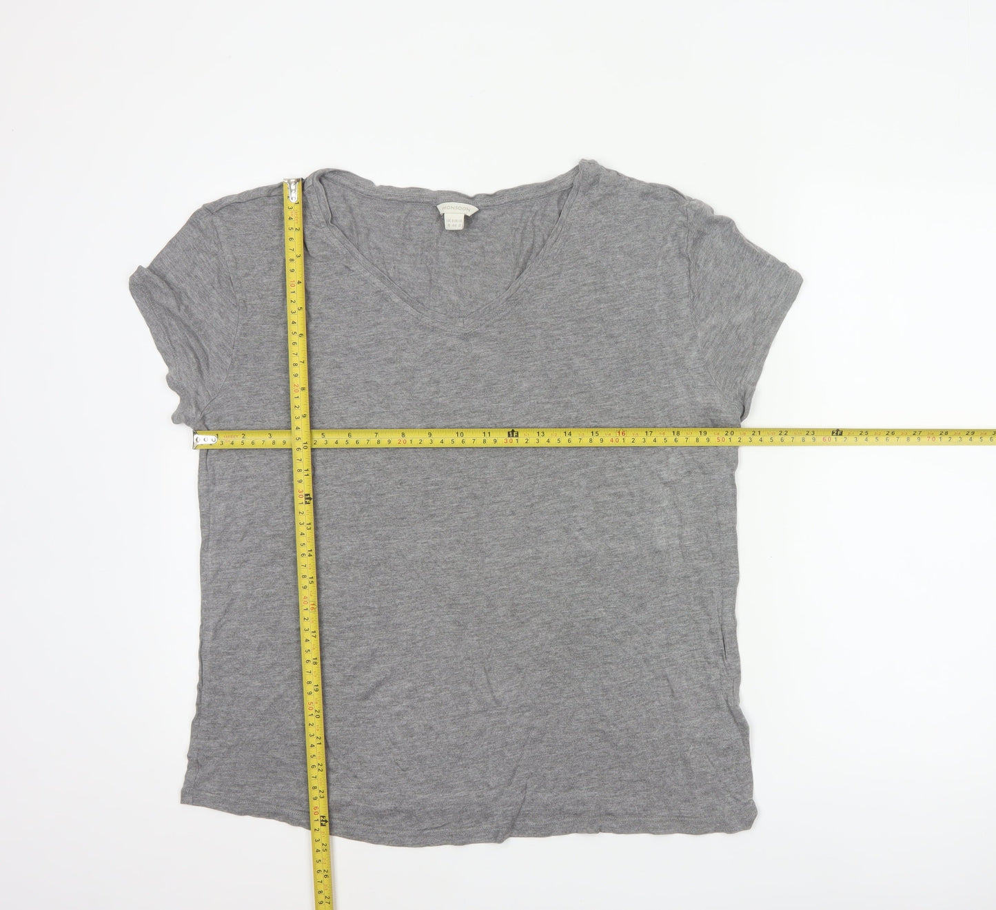 Monsoon Women Grey UK 16 V-Neck Short Sleeve Basic Viscose T-Shirt