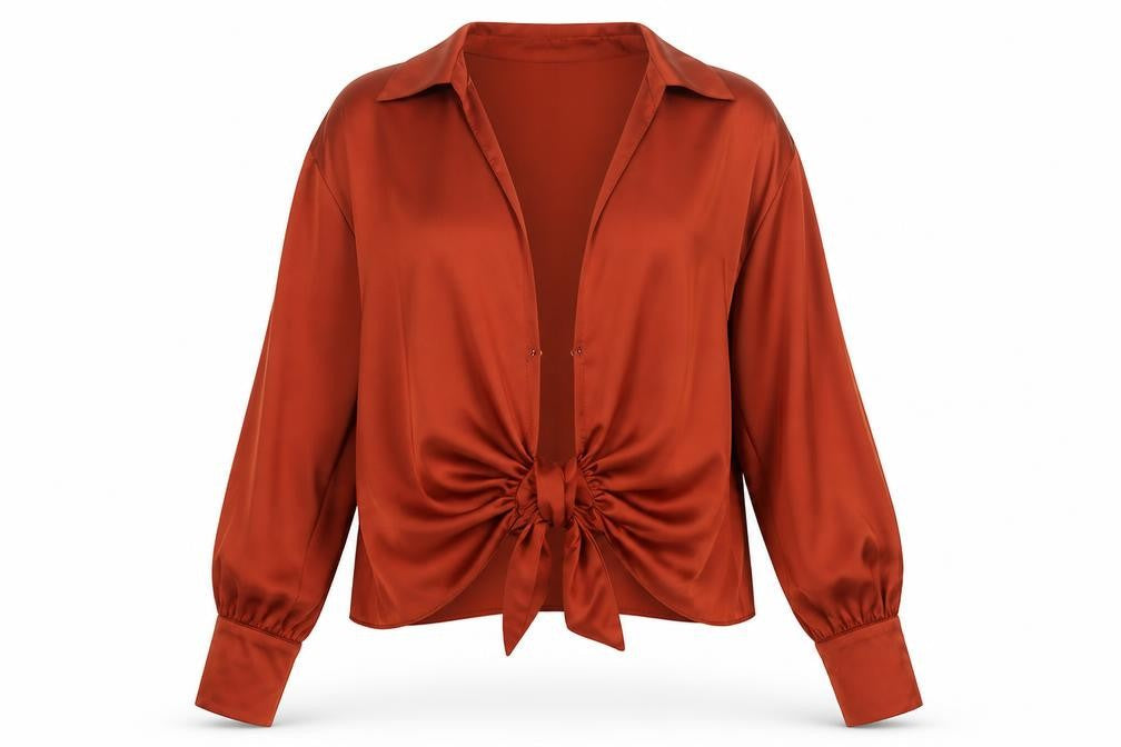 River Island Women Orange UK 12 Wrap Tie Collared Long Sleeve Blouse