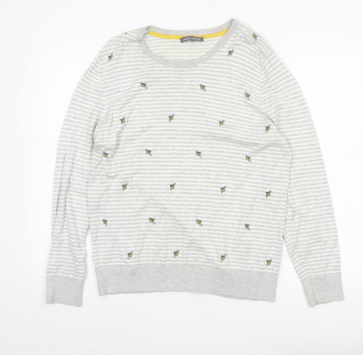 Laura Ashley Women Grey UK 16 Bee Embroidered Stripe Knit Jumper