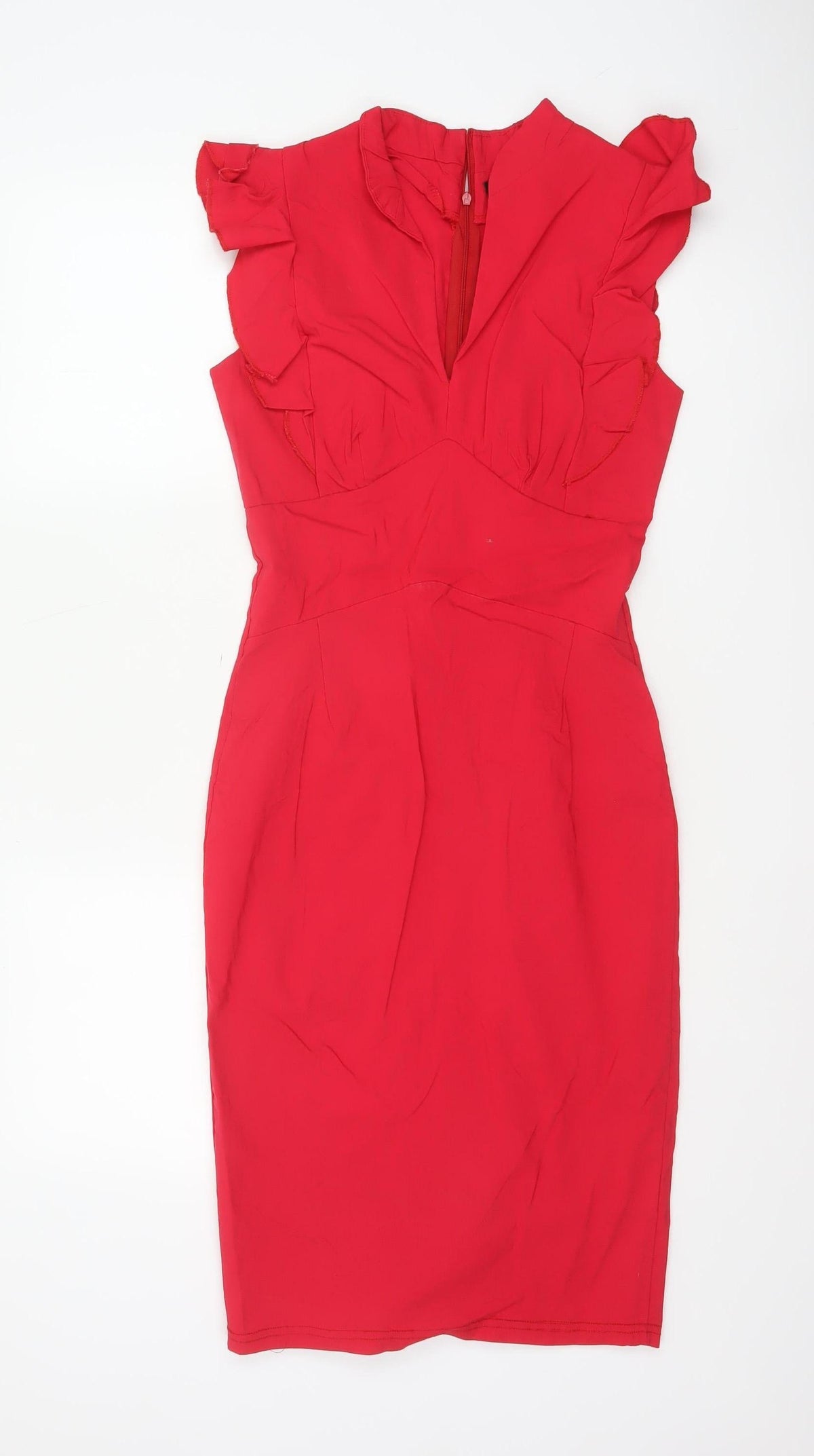 Androse Women Red UK 14 Bodycon Knee Dress Ruffle V-Neck Party