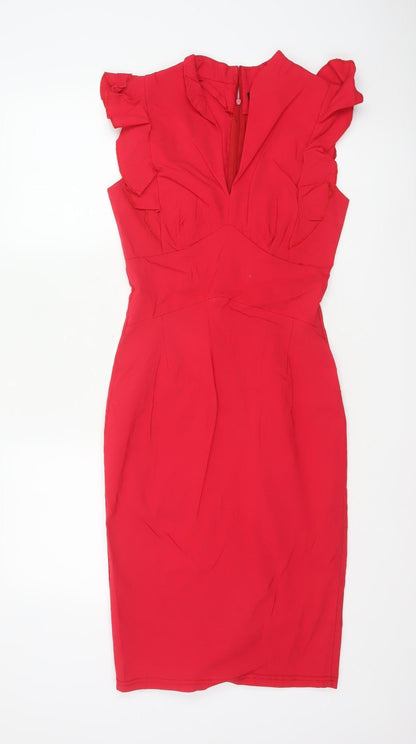 Androse Women Red UK 14 Bodycon Knee Dress Ruffle V-Neck Party