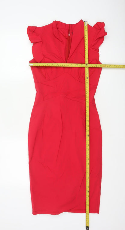 Androse Women Red UK 14 Bodycon Knee Dress Ruffle V-Neck Party