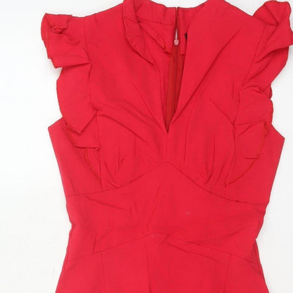 Androse Women Red UK 14 Bodycon Knee Dress Ruffle V-Neck Party