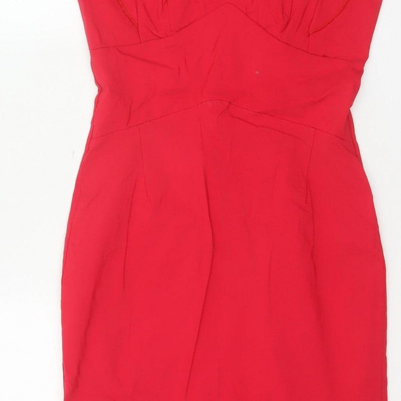 Androse Women Red UK 14 Bodycon Knee Dress Ruffle V-Neck Party