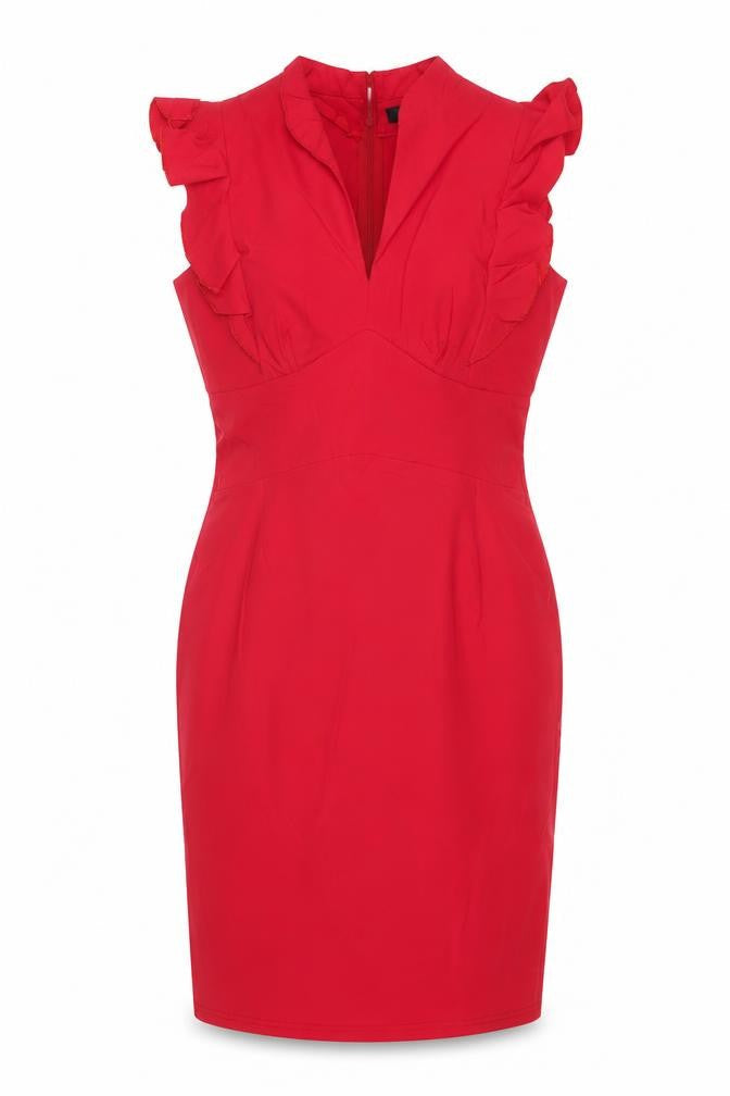 Androse Women Red UK 14 Bodycon Knee Dress Ruffle V-Neck Party