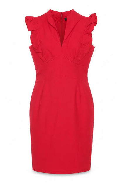 Androse Women Red UK 14 Bodycon Knee Dress Ruffle V-Neck Party