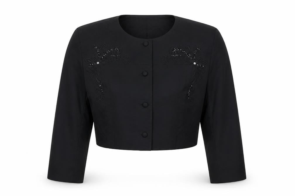 Paola Luccini Women Black Silk Floral Embellished Cropped Jacket Size 12